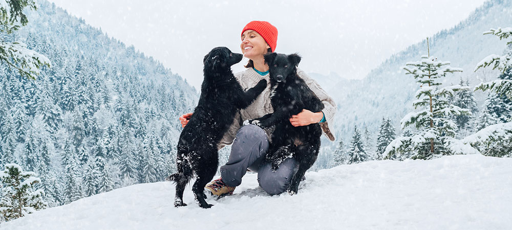 Frau mit 2 Hunden im Schnee