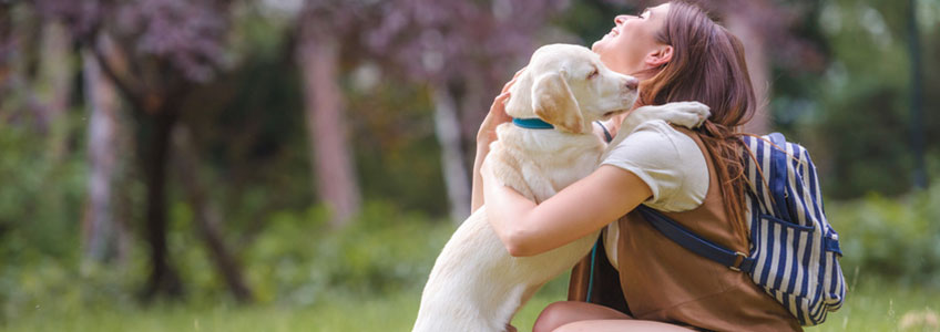 Eine Frau und ein kleiner Hund umarmen sich