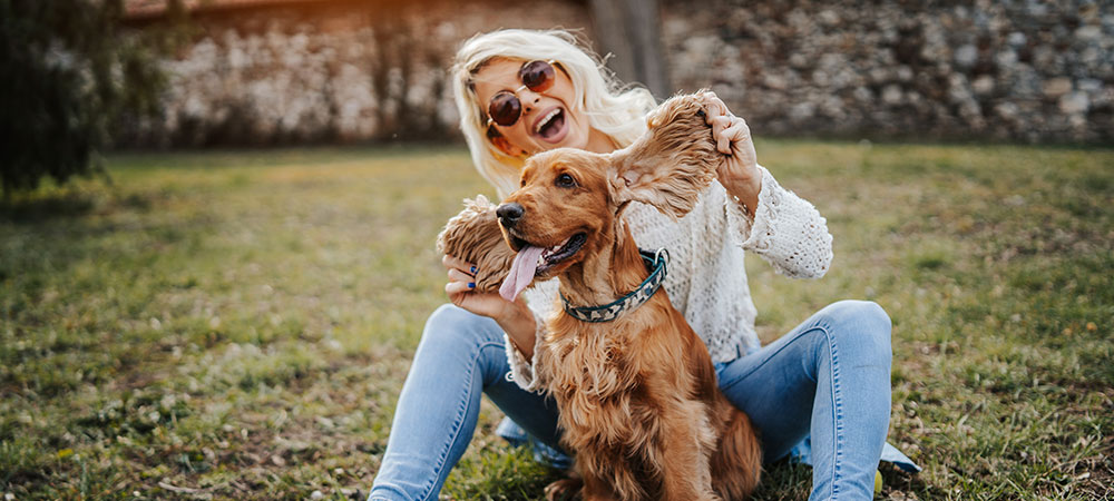 Frau und Cocker Spaniel sitzen sehr glücklich auf einer Wiese